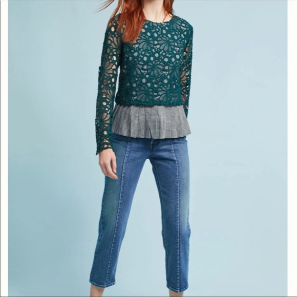 ANTHROPOLOGIE MAEVE TOP GABRIELLA GINGHAM LACE PLAID GREEN SIZE LARGE - Picture 4 of 4
